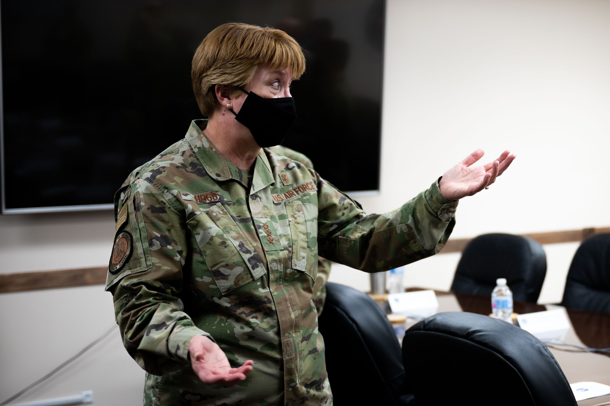U.S. Air Force Lt. Gen. Dorothy A. Hogg, Air Force Surgeon General, talks to Airmen from the 354th Medical Group during a leadership visit at Eielson Air Force Base, Alaska, April 27, 2021.