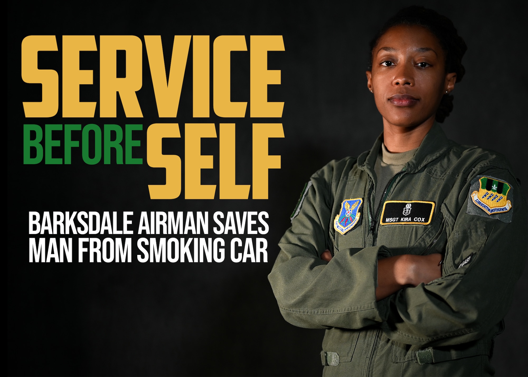 This graphic was created in conjunction with an article about Master Sgt. Kira Cox, 2nd Operational Medical Readiness Squadron human performance flight chief, and her efforts saving an injured man from a smoking car. (U.S. Air Force graphic by Airman 1st Class Jacob B. Wrightsman)
