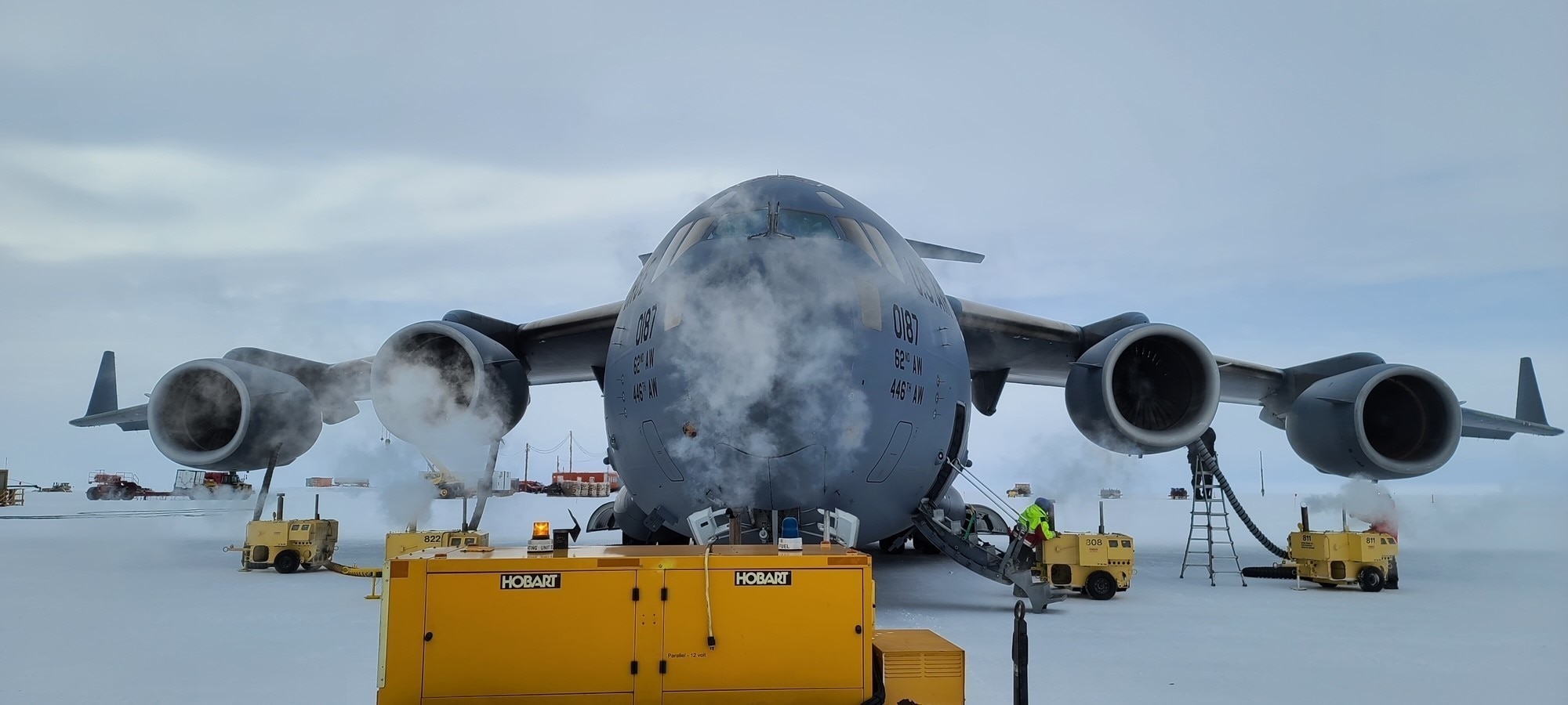 A C-17 Globemaster III, assigned to the 62nd Airlift Wing at Joint Base Lewis-McChord, Washington, sits at McMurdo Station in Antarctica in support of Operation Deep Freeze. ODF is unlike any other U.S. military operation. It is one of the military's most difficult peacetime missions due to the harsh Antarctic environment. The U.S. military is uniquely equipped and trained to operate in such an austere environment and has therefore provided support to the USAP since 1955. (U.S. Air Force photo by Maj. Tyler Boyd)