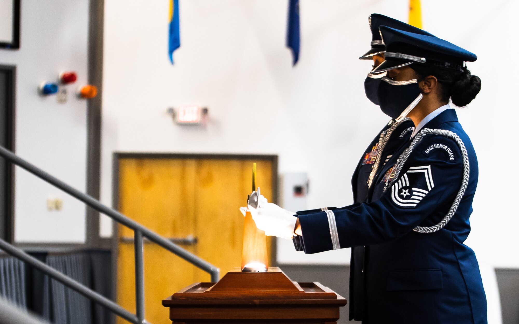 Airmen from Barksdale's honor guard present the ceremonious sword used in the Order of the Sword ceremony honoring retired Gen. Robin Rand, former Air Force Global Strike Command commander, at Barksdale Air Force Base, Louisiana, April 23, 2021. The ceremonial presentation was adopted from the Royal Order of the Sword and passed to the United States during the Revolutionary War. However, it lay dormant until it was reinstituted in its current form in 1967. (U.S. Air Force photo by Airman 1st Class Jacob B. Wrightsman)