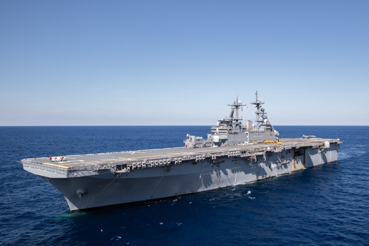 A large assault ship sails in the Atlantic.