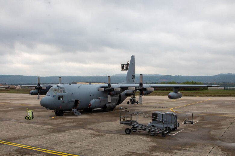 U.S. Air Force EC-130H Compass Call aircraft from the 55th Electronic Combat Group, Davis-Monthan Air Force Base, Ariz., arrived at Ramstein Air Base, Germany, to conduct training with Europe-based units, April 28, 2021.The EC-130H is an airborne tactical weapon system within a heavily modified version of the C-130 Hercules airframe. (U.S. Air Force photo by Senior Airman Daniel Sanchez)