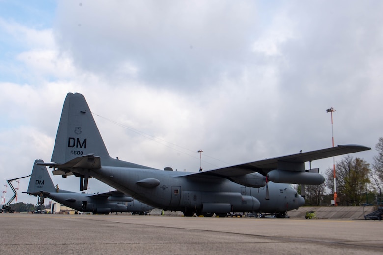 U.S. Air Force EC-130H Compass Call aircraft from the 55th Electronic Combat Group, Davis-Monthan Air Force Base, Ariz., arrived at Ramstein Air Base, Germany, to conduct training with Europe-based units, April 28, 2021.The EC-130H is an airborne tactical weapon system within a heavily modified version of the C-130 Hercules airframe. (U.S. Air Force photo by Senior Airman Daniel Sanchez)