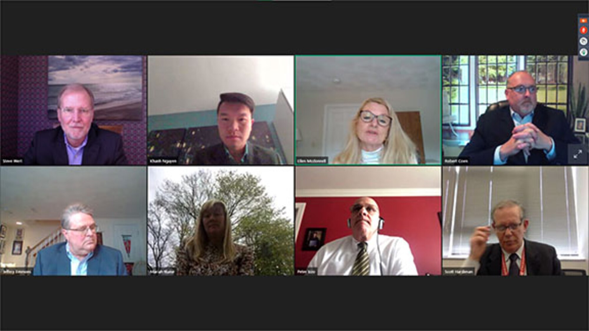 Screenshot of members of a virtual Small Business Panel discussing ways companies can work with the Air Force