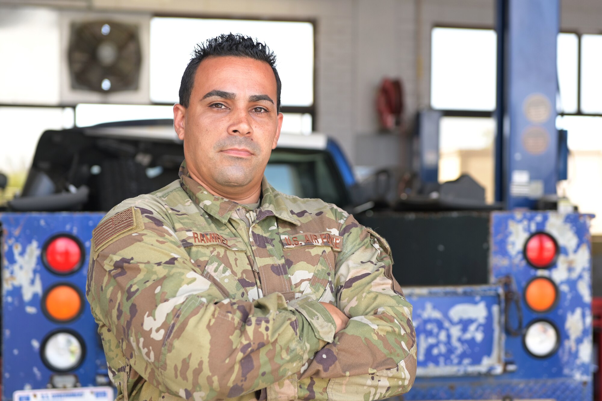 U.S. Air Force Staff Sgt. David Ramirez, heavy mobile equipment mechanic, 156th Logistics Readiness Squadron, poses for a picture at Muñiz Air National Guard Base, Puerto Rico Air National Guard, April 20, 2021. (U.S. Air National Guard photo by Staff Sgt. Eliezer Soto)