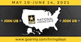 Graphic with a logo and dates for army national hiring days.