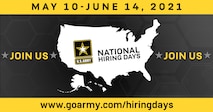 Graphic with a logo and dates for army national hiring days.