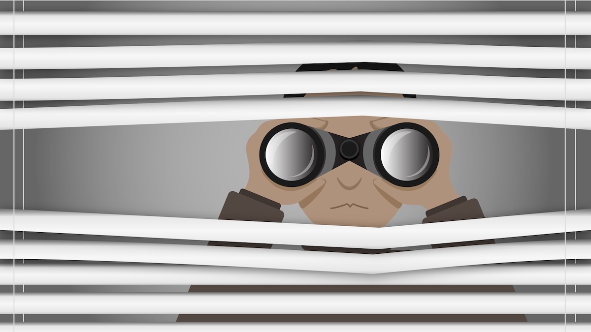 Confidential informant concept illustration. Person using binoculars to look through blinds.