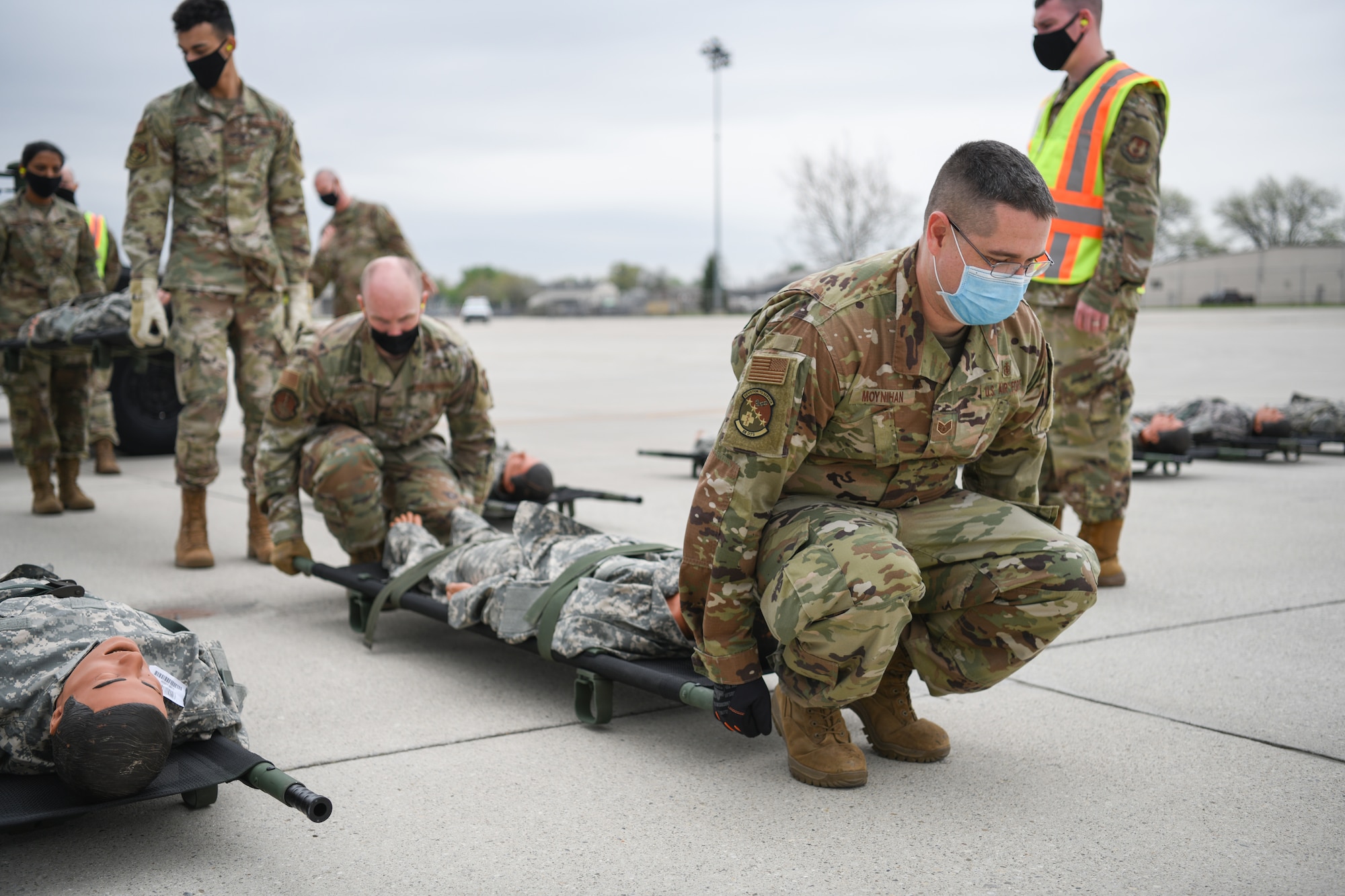 Medical personnel from Wright-Patterson Air Force Base, Ohio transport “patients” during the annual Exercise Ultimate Caduceus April 28, 2021.