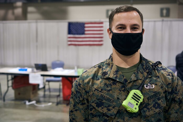 U.S. Marine Corps Staff Sgt. Jacob Maurer, a native of Warwick, Pennsylvania and explosive ordnance technician with Combat Logistics Battalion 22 (CLB-22), poses for a portrait at the state-run, federally-supported Community Vaccination Center at the Pennsylvania Convention Center in Philadelphia, Pa., April 27, 2021. U.S. Marines and U.S. Navy Sailors with CLB-22, from Camp Lejeune, North Carolina, are deployed in support of the federal vaccine response. U.S. Northern Command, through U.S. Army North, remains committed to providing continued, flexible Department of Defense support to the Federal Emergency Management Agency as part of the whole-of-government response to COVID-19.