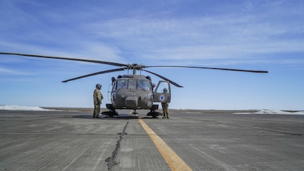 A hoist-capable UH-60 Black Hawk helicopter and aircrew from the 1st Battalion, 207th Aviation Regiment, Alaska Army National Guard, arrives in Bethel, Alaska, April 27, 2021, as part of the State of Alaska’s effort to prepare for disaster response in the Yukon-Kuskokwim region during the spring flood season. While stationed in Bethel, the crew will continue to train on their federal mission and remain ready to respond to any requests for support from civil authorities through the State Emergency Operations Center.