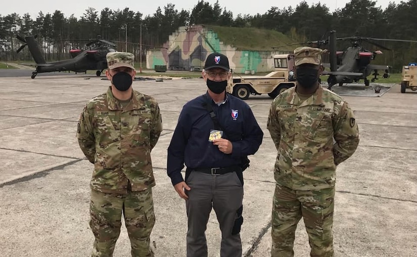 Jim Scism, a Logistics Assistance Representative with U.S. Army Aviation and Missile Command assigned to the 405th AFSB in Europe, was recognized by the brigade commander and command sergeant major, Col. Brad Bane and Command Sgt. Maj. Kofie Primus, at Powidz Air Base, Poland, April 29.