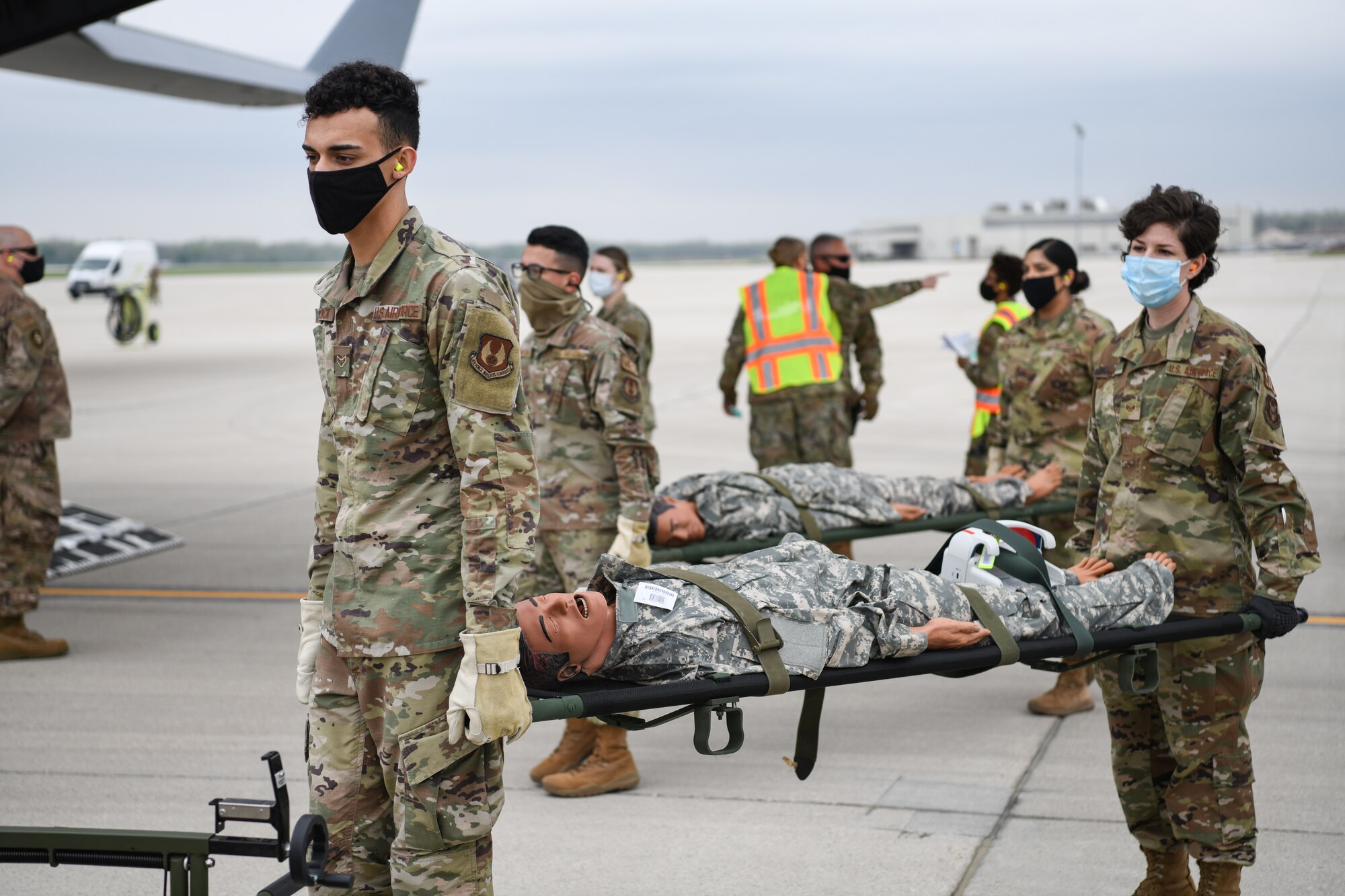 Medical personnel from Wright-Patterson Air Force Base, Ohio transport “patients” during the annual Exercise Ultimate Caduceus April 28, 2021.