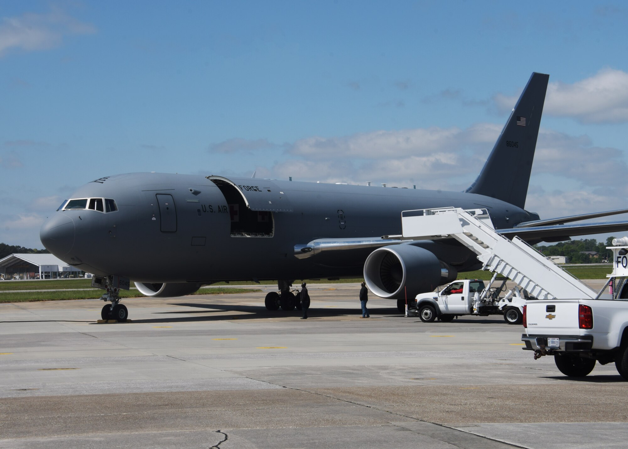 A KC-46A Pegasus from the 916th Air Refueling Wing, flown by the 77th Air Refueling Squadron, landed at Dobbins Air Reserve Base, Ga, on April 21, 2021. The tanker was flown in to allow aeromedical Airmen from across the Air Force Reserve the opportunity to familiarize and train on the new airframe. (U.S. Air Force photo by Tech. Sgt. Miles Wilson)