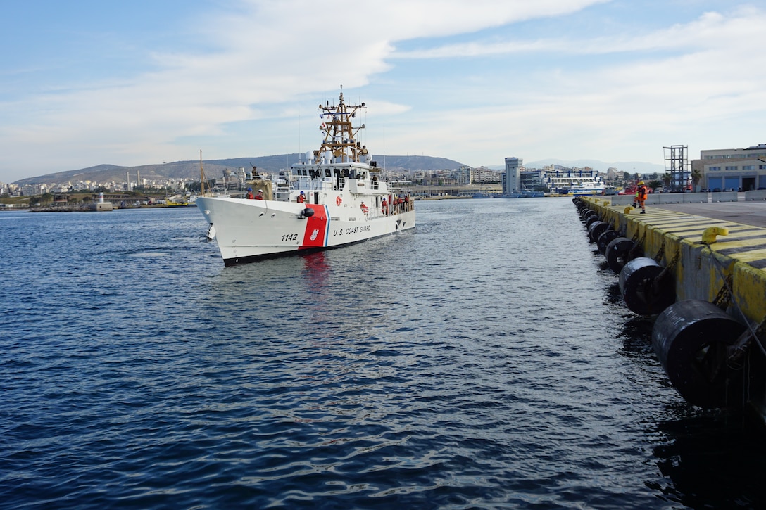 USCGC Robert Goldman (WPC 1142) arrives in Athens, Greece on April 26, 2021.