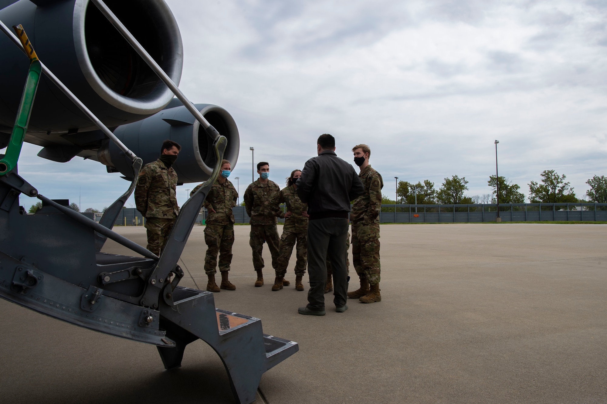 U.S. Air Force Capt. John Hundley Jr., a mission pilot for the 15th Airlift Squadron, conducts a static display of the C-17 Globemaster III to cadets from detachment 290, at Lexington, Kentucky, April 23, 2021.