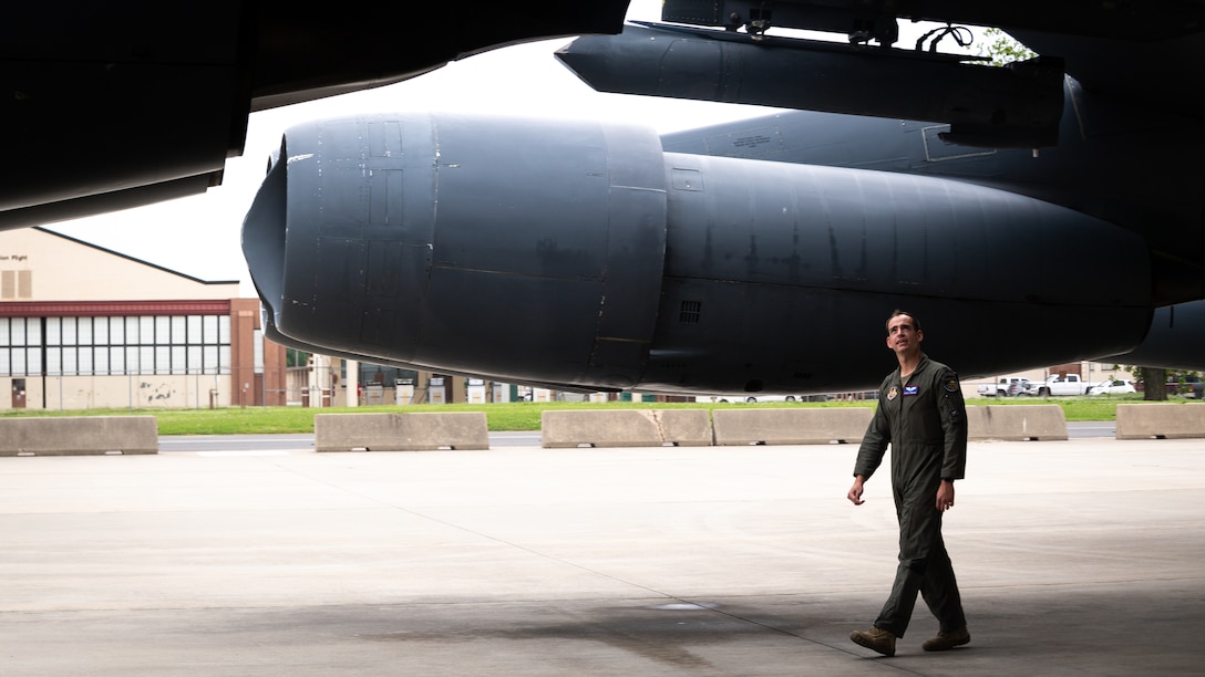 Capt. Blake Morgan, United States Air Force Test Pilot School student, performs preflight inspections on the B-52H Stratofortress at Barksdale Air Force Base, Louisiana, April 28, 2021.