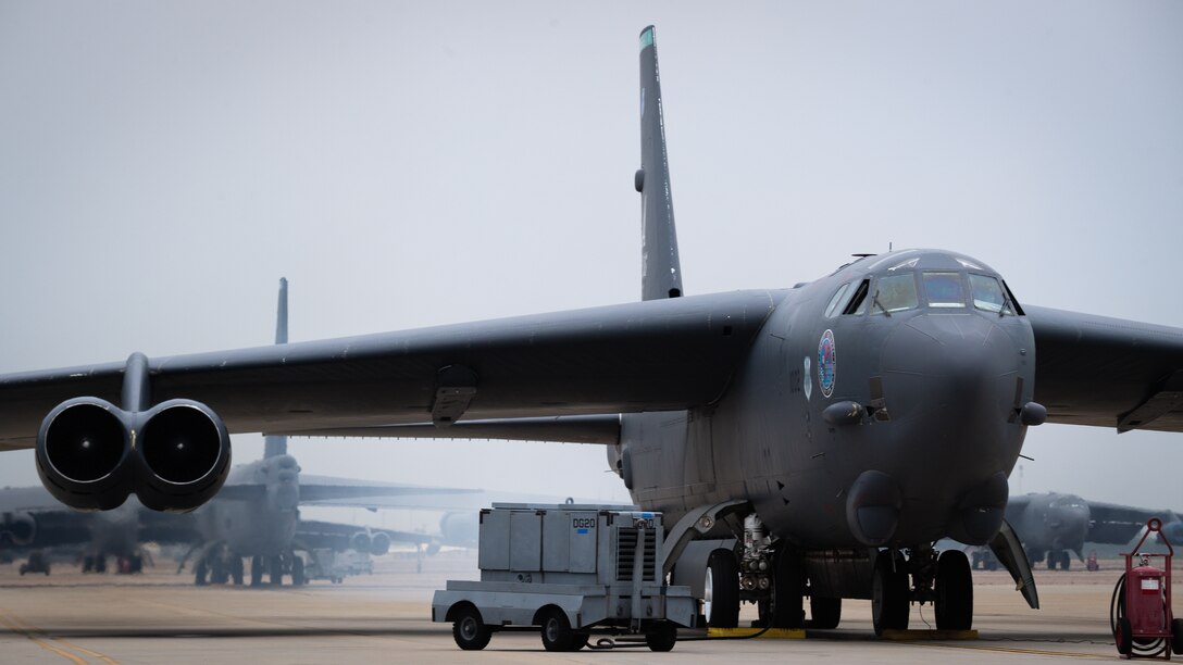 A B-52H Stratofortress is “cart started” at Barksdale Air Force Base, Louisiana, April 28, 2021.