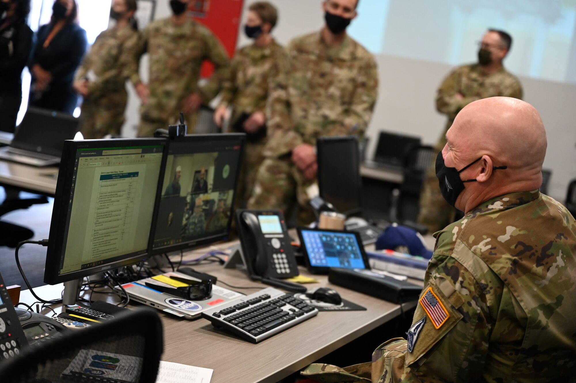 U.S. Space Force Gen. John “Jay” Raymond, Chief of Space Operations, virtually interacts with members of the National Reconnaissance Office Launch-82 Emergency Operations Center at Vandenberg Air Force Base, California, April 26, 2021. This is the 13th flight of the Delta IV Heavy configuration and fourth launch of the Delta IV Heavy from Vandenberg. (U.S. Space Force photo by Staff Sgt. Andrew Moore)