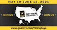 Graphic with a logo and dates for army national hiring days.