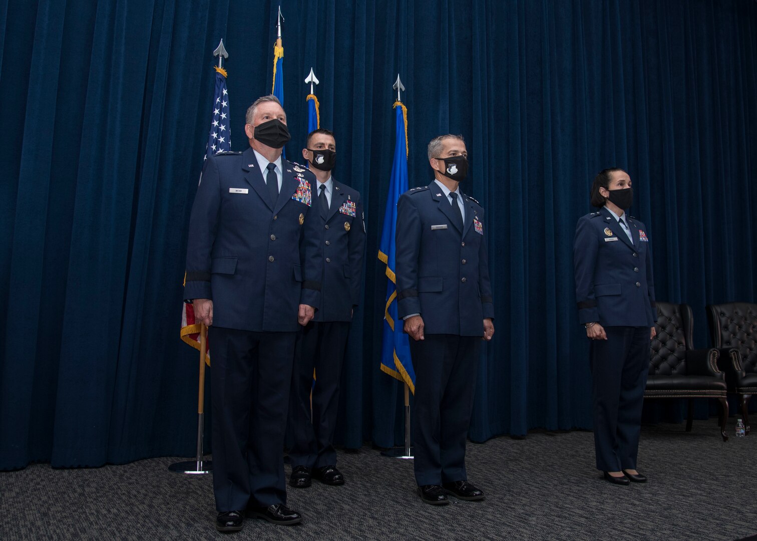 Maj. Gen. John J. DeGoes relinquished command of the 59th Medical Wing to Brig. Gen. Jeannine Ryder during a change of command ceremony at the Inter-American Air Forces Academy auditorium here April 29, 2021.