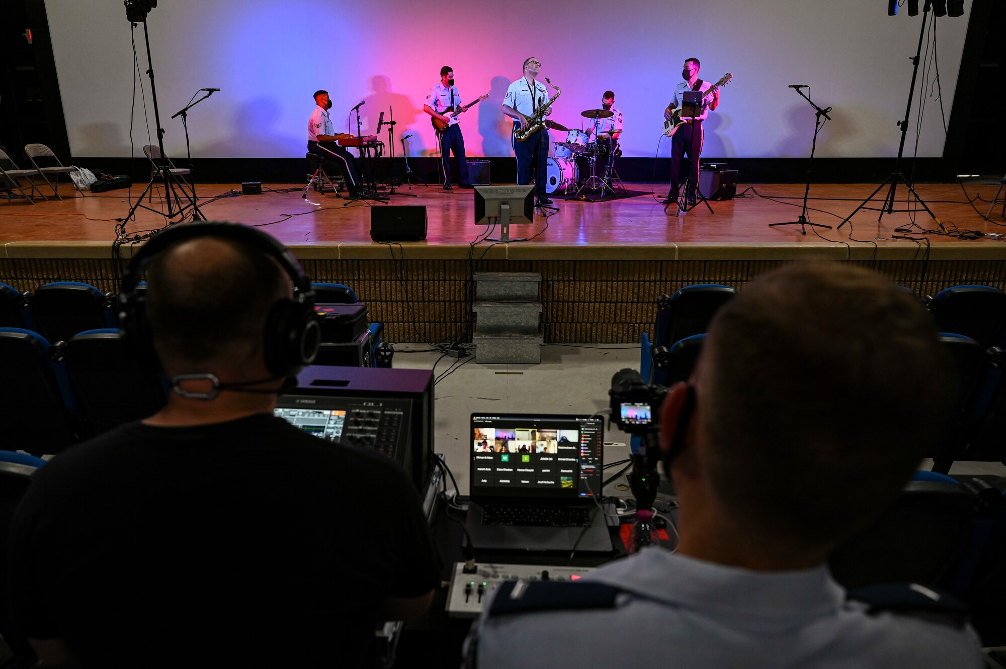 Members of the AFCENT Band perform online for more than 50 students from the American International School located in Kuwait, April 25, 2021. The purpose of the concert was to introduce the students to American music, culture, and the AFCENT Band. (U.S. Air Force photo by Senior Airman Taylor Crul)