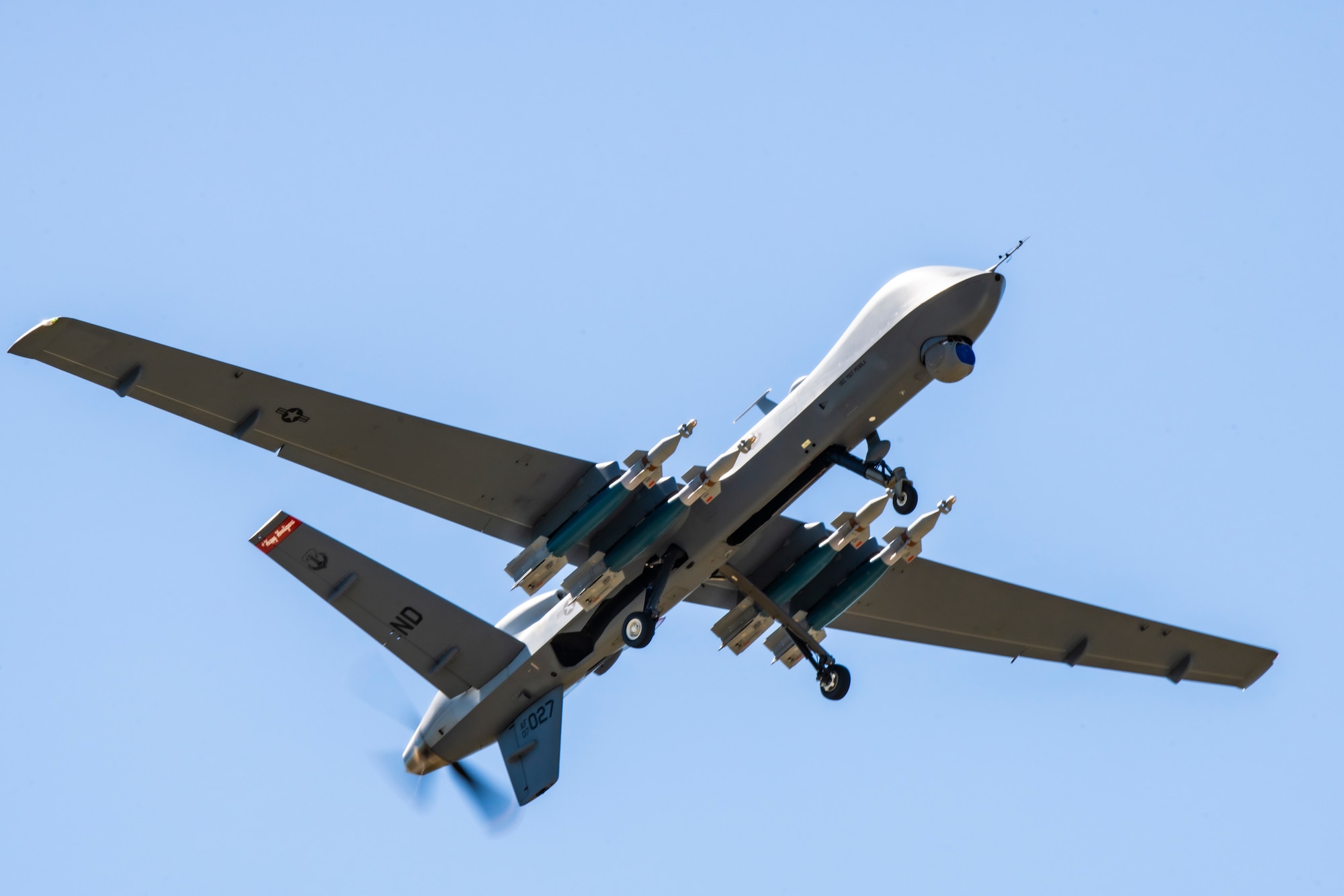 An MQ-9 Reaper assigned to the 119th Wing of the North Dakota Air National Guard, takes flight during Exercise Southern Strike 2021 at the Gulfport Combat Readiness Training Center, Gulfport, Miss., April 19, 2021. Southern Strike is a large-scale, joint and international combat training exercise featuring counter-insurgency, close-air support, non-combatant evacuations, and maritime special operations. (U.S. Air National Guard photo by Tech. Sgt. Jon Alderman)