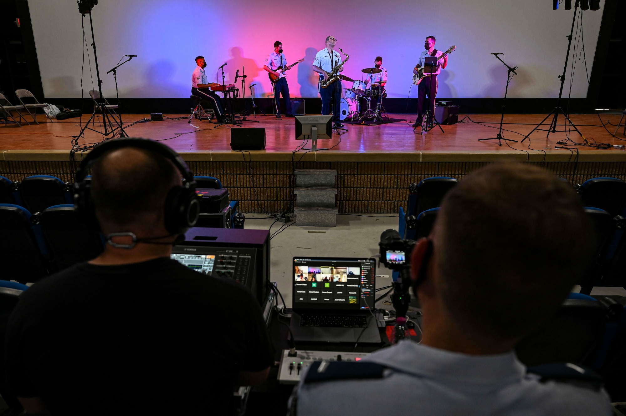 Members of the AFCENT Band perform online for more than 50 students from the American International School located in Kuwait, April 25, 2021. The purpose of the concert was to introduce the students to American music, culture, and the AFCENT Band. (U.S. Air Force photo by Senior Airman Taylor Crul)