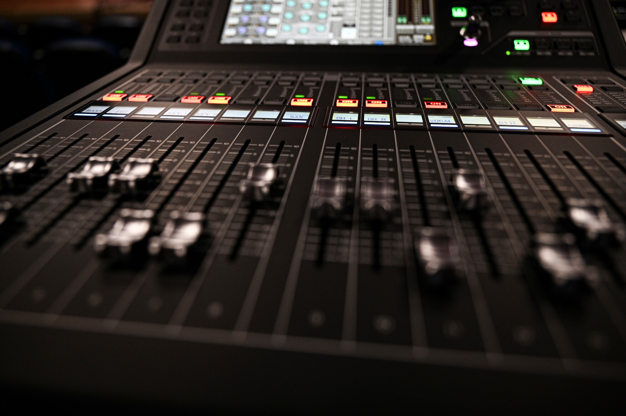 An audio mixer is used during an online AFCENT Band concert with the American International School located in Kuwait, April 25, 2021. The purpose of the concert was to introduce the students to American music, culture, and the AFCENT Band. (U.S. Air Force photo by Senior Airman Taylor Crul)