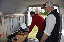 Ryan Strange, right, Huntsville Center Unmanned Aircraft Systems Research Physical Scientist, and Will Shuart, Engineering Research and Development Center’s Geospatial Research Laboratory geographer, keep an eye on the Sensfly  eBee X Unmanned Aircraft System flight pattern displayed on a laptop computer at Redstone Arsenal, Alabama, March 22. Data from the flights allowing for a three -dimensional “image map” to be used as a foundation data source for the Army’s PEO-Soldier Integrated Visual A