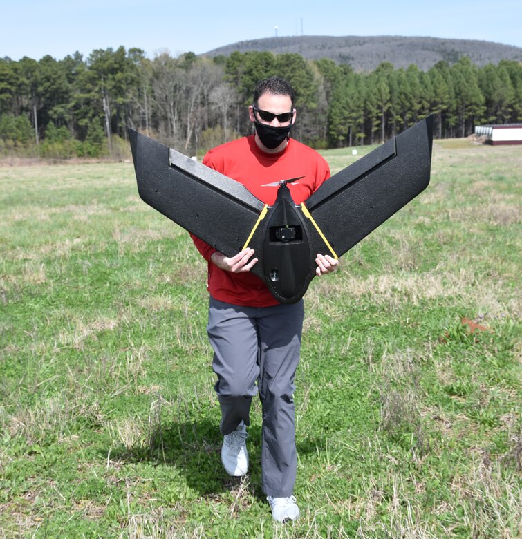 Will Shuart, Corps of Engineers’ Engineering Research and Development Center’s Geospatial Research Laboratory geographer, recovers a Sensfly eBee X at Redstone Arsenal, Alabama, March 22. Shuart, flew two sorties over more than 250 acres at land adjacent to the Army Program Executive Office-Aviation complex on Redstone March 22.