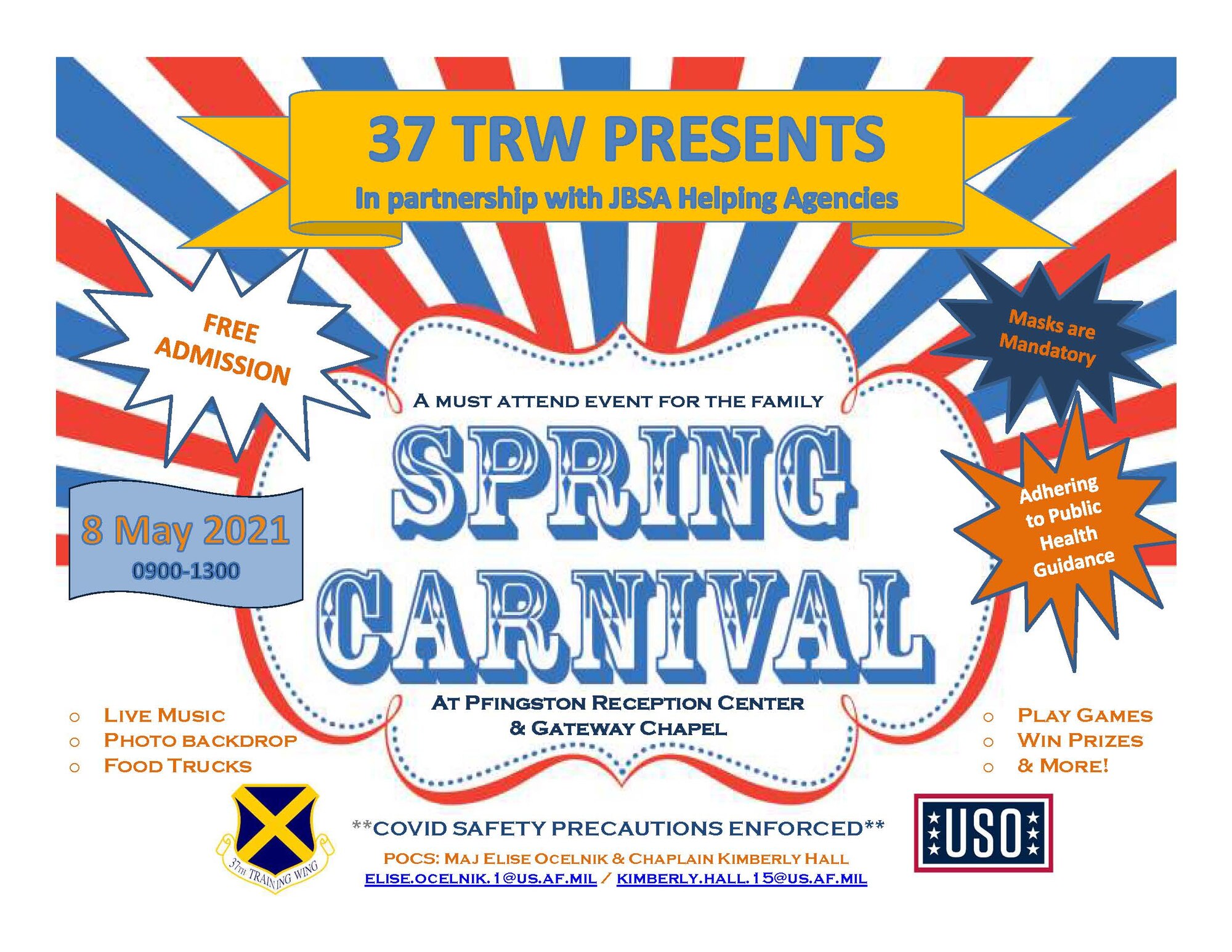The 37th Training Wing, in conjunction with JBSA Helping Agencies, is presenting the 2021 Spring Carnival May 8, 2021, from 9 a.m. to 1 p.m. at the Pfingston Reception Center and Gateway Chapel, Joint Base San Antonio-Lackland, Texas. The event was rescheduled from its original date of May 1. (U.S. Air Force graphic)