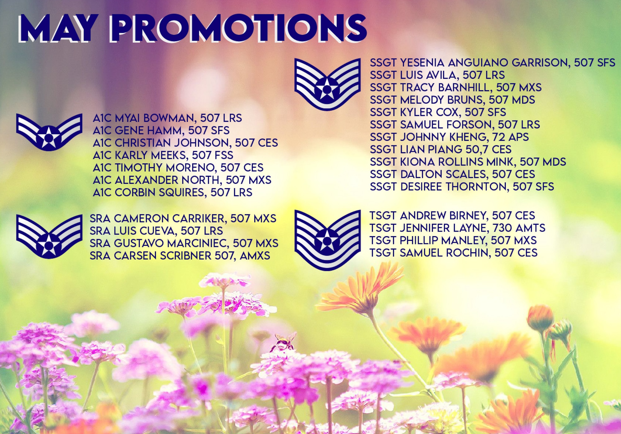 The May enlisted Promotions graphic from the 507th Air Refueling Wing at Tinker Air Force Base, Oklahoma. (U.S. Air Force graphic by Senior Airman Mary Begy)