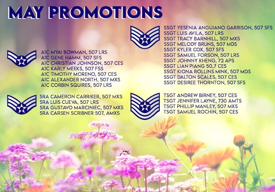 The May enlisted Promotions graphic from the 507th Air Refueling Wing at Tinker Air Force Base, Oklahoma. (U.S. Air Force graphic by Senior Airman Mary Begy)