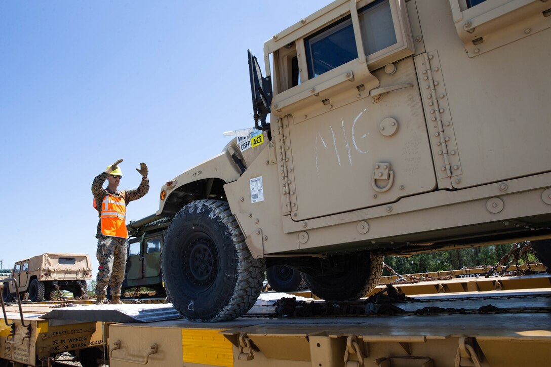 U.S. Marine Corps Lance Cpl. Jarrett Hussey, a landing support specialist with Detachment 1, Combat Logistics Battalion 25, 4th Marine Logistics Group guides a high mobility multipurpose wheeled vehicle onto a rail car during exercise Dynamic Cape (DC 21.1) on April 12, 2021 at Camp Lejeune, North Carolina. DC 21.1 is a command and control exercise simulating a contested environment to enhance operational readiness between II Marine Expeditionary Force partner nations and other Department of Defense entities. (U.S. Marine Corps photo by Cpl. Adaezia Chavez)