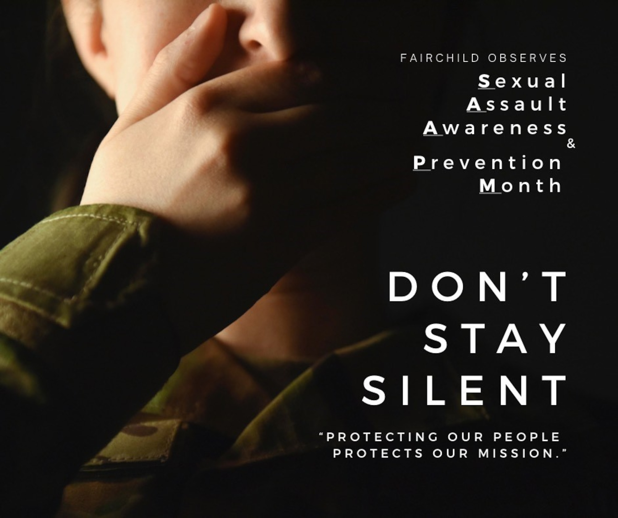 Team Fairchild encourages Airmen to not stay silent in the face of sexual assault and harassment. The month of April is nationally recognized as Sexual Assault Awareness and Prevention Month. The Department of Defense has identified that sexual assault and sexual harassment remain significant problems, and we must take major steps to achieve lasting change. Our people and our readiness are inextricably linked, and we cannot allow this issue to persist. (U.S. Air Force Photo/Illustration by 2nd Lt. Michelle Chang)