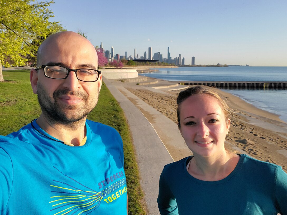 Michael Haefeli, civil engineer in the Geotechnical Engineering & Dam/Levee Safety Section, and Capt. Aurora DeAngelis-Caban, assistant to the Construction Branch chief in the Construction Section, put on their teal shirts and completed a SAAPM Virtual Race that began in Chicago’s Chinatown neighborhood, down to Lake Michigan, and then a loop back for a total of 5.8 miles, April 30, 2021.
