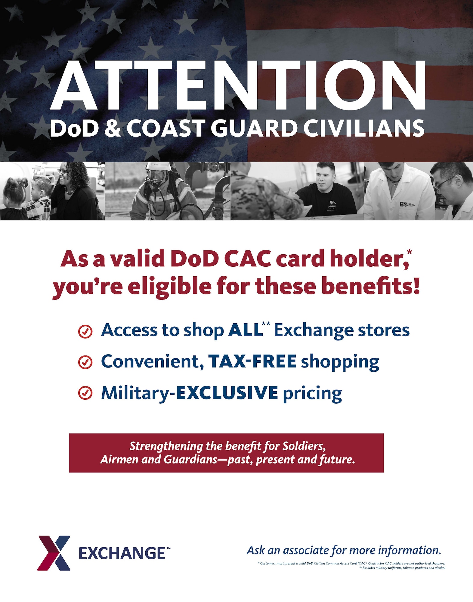 Illustration stating that Department of Defense and Coast Guard Civilians are welcome to shop at the Exchange.