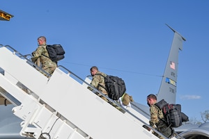 Members of the 507th Air Refueling Wing process and prepare to deploy on KC-135R Stratotanker April 8, 2021, at Tinker Air Force Base, Oklahoma. (U.S. Air Force photo by Senior Airman Mary Begy)