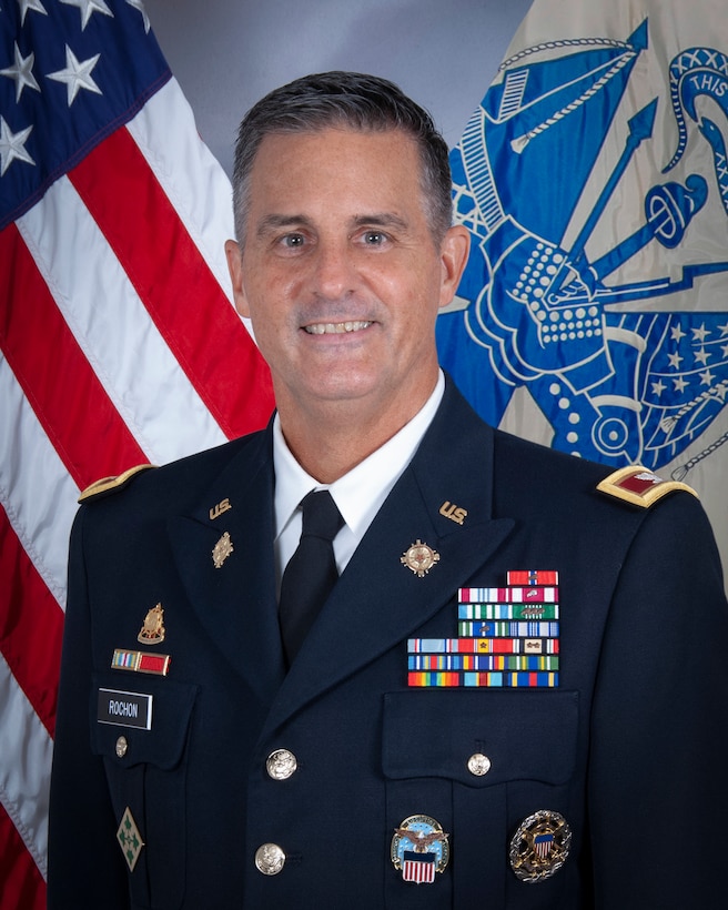 Robert Rochon, Col., U.S. Army, Chief of Staff, Defense Logistics Agency Energy, portrait in front of a U.S. flag