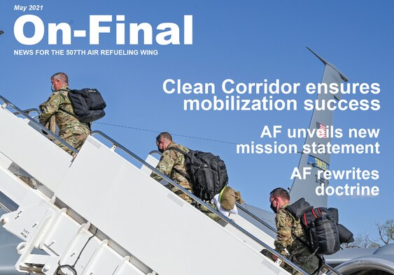 Members of the 507th Air Refueling Wing process and prepare to deploy on KC-135R Stratotanker April 8, 2021, at Tinker Air Force Base, Oklahoma. (U.S. Air Force graphic by Senior Airman Mary Begy)