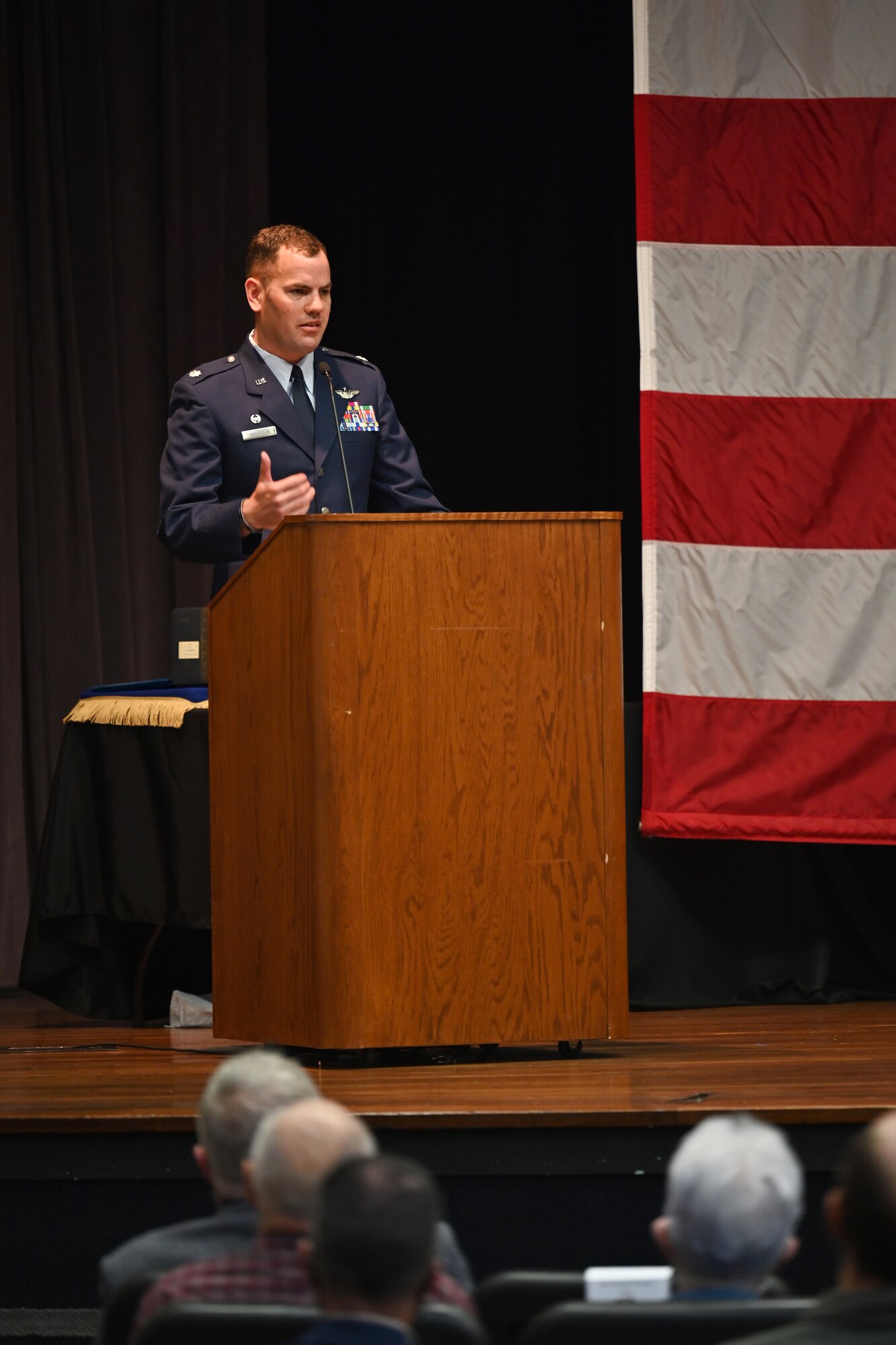 Lt. Col. Paul Anderson, 50th Flying Training Squadron commander, gives a speech at the 50th FTS change of command ceremony, April 30, 2021, on Columbus Air Force Base, Miss. Anderson is an experienced fighter pilot with hours flown in the F-16 Fighting Falcon, F-5 and T-38C Talon. (U.S. Air Force photo by Senior Airman Jake Jacobsen)