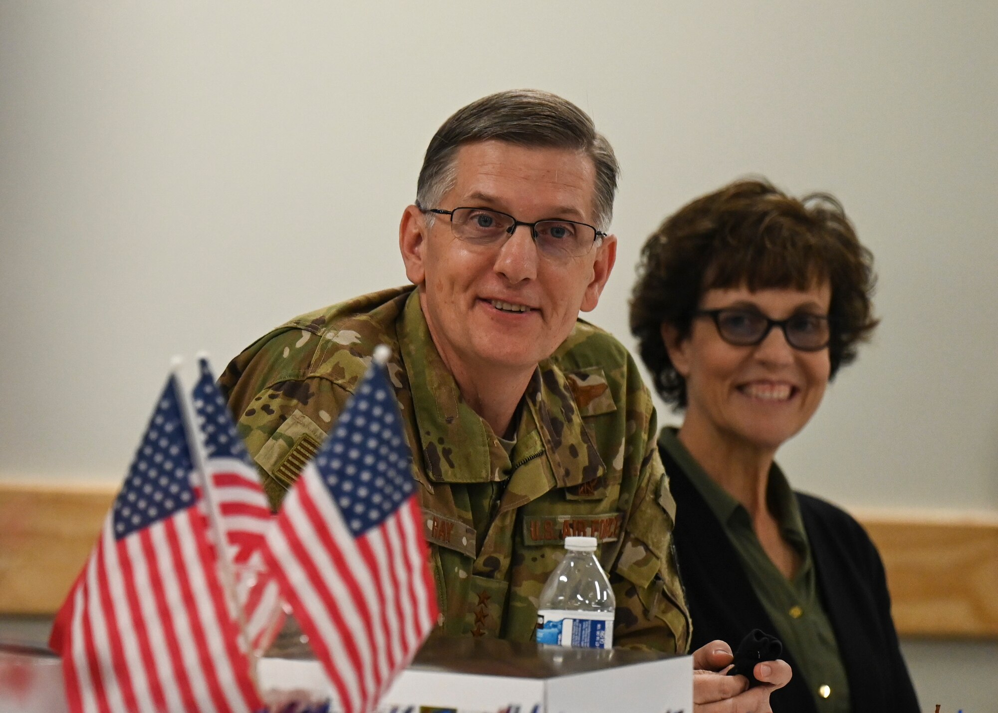 U.S. Air Force Gen. Tim Ray, Air Force Global Strike Command commander, and his spouse, Rhonda, speak with Airmen at 377th Medical Group.