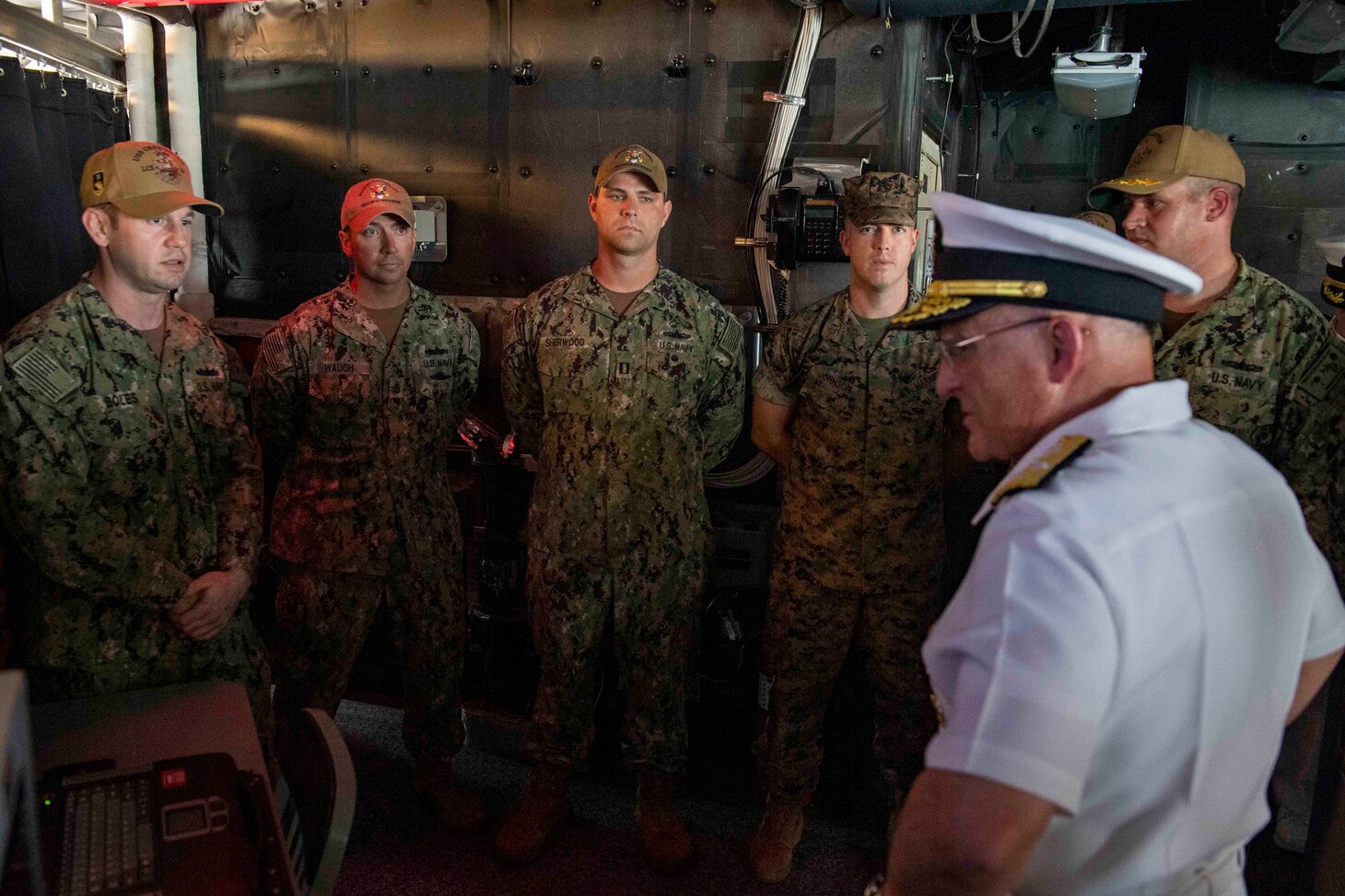 210730-N-WU807-1077 APRA HARBOR, Guam (July 30, 2021) Members of USS Charleston and members of Maritime Expeditionary Security Squadron from Commander, Task Force 75, give a tour to Chief of Naval Operations (CNO) Adm. Mike Gilday, right, aboard Independence-variant littoral combat ship USS Charleston (LCS 18), July 30. Charleston, part of Destroyer Squadron Seven, is on a rotational deployment operating in the U.S. 7th Fleet area of operation to enhance interoperability with partners and serve as a ready-response force in support of a free and open Indo-Pacific region. (U.S. Navy photo by Mass Communication Specialist 2nd Class Adam Butler)