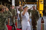 210730-N-WU807-1109 APRA HARBOR, Guam (July 30, 2021) Chief of Naval Operations (CNO) Adm. Mike Gilday receives honors from Sideboys aboard Independence-variant littoral combat ship USS Charleston (LCS 18), July 30. Charleston, part of Destroyer Squadron Seven, is on a rotational deployment operating in the U.S. 7th Fleet area of operation to enhance interoperability with partners and serve as a ready-response force in support of a free and open Indo-Pacific region. (U.S. Navy photo by Mass Communication Specialist 2nd Class Adam Butler)