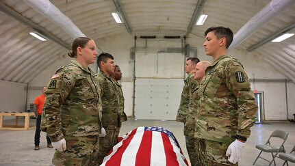 Virginia National Guard Soldiers participate in Level 1 Funeral Honors training June 25, 2021, at the State Military Reservation in Virginia Beach, Va. The course prepares Soldiers to conduct professional military funeral honors in accordance with service tradition.