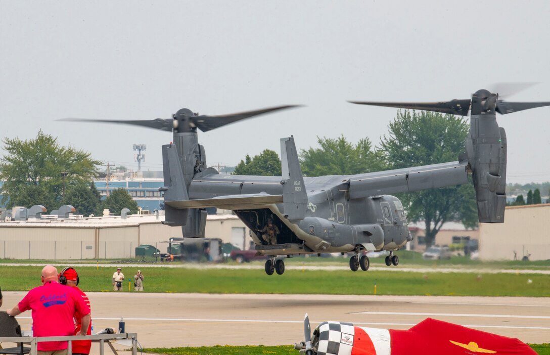 A CV-22 Osprey assigned to Air Force Special Operations Command demonstrates AFSOC’s airpower capabilities at Wittman Regional Airport, Wis., July 29, 2021.