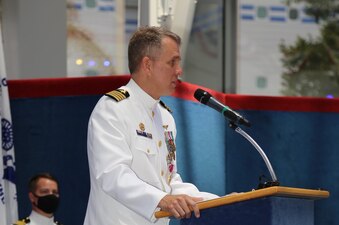 210730-N-YR423-0003
PENSACOLA, Fla. (July 30, 2021) Outgoing Naval Education and Training Professional Development Center (NETPDC) Commanding Officer Capt. Brett St. George addresses the crowd during a change of command ceremony held at the National Aviation Museum onboard Naval Air Station Pensacola, July 30, 2021. St. George, who retired during the ceremony after 24 years of service, thanked the crowd for their many contributions to the many command successes and accomplishments during his final tour. (U.S. Navy photo by Cheryl Dengler)