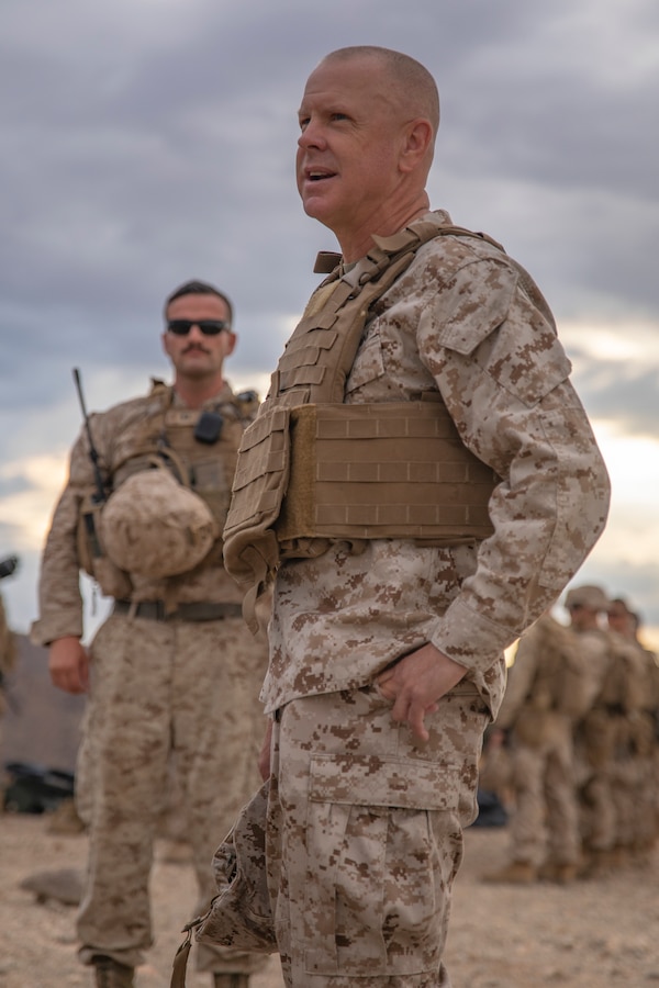 Maj. Gen. Michael Fahey, Commanding General, 4th Marine Division, speaks to Marines of Fox Company, 2nd Battalion, 23rd Marines on Range 410A during a visit to Integrated Training Exercise (ITX) 4-21 at Marine Corps Air Ground Combat Center, Twentynine Palms, California on July 31st, 2021. Leaders of 4th Marine Division recognized high performing Marines and Sailors as they continue to serve as part of the Ground Combat Element for Marine Air Ground Task Force 25 in execution of ITX. (U.S. Marine Corps by photo Sgt. JVonnta Taylor)