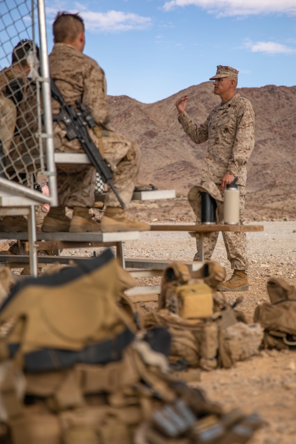 Sgt. Maj. Arthur Arebalo, Sergeant Major of 4th Marine Division speaks to Marines of Fox Company, 2nd Battalion, 23rd Marines on Range 410A during Integrated Training Exercise (ITX) 4-21 at Marine Corps Air Ground Combat Center, Twentynine Palms, California on July 31st, 2021. Leaders of 4th Marine Division recognized high performing Marines and Sailors as they continue to serve as part of the Ground Combat Element for Marine Air Ground Task Force 25 in execution of ITX. (U.S. Marine Corps by photo Sgt. JVonnta Taylor)